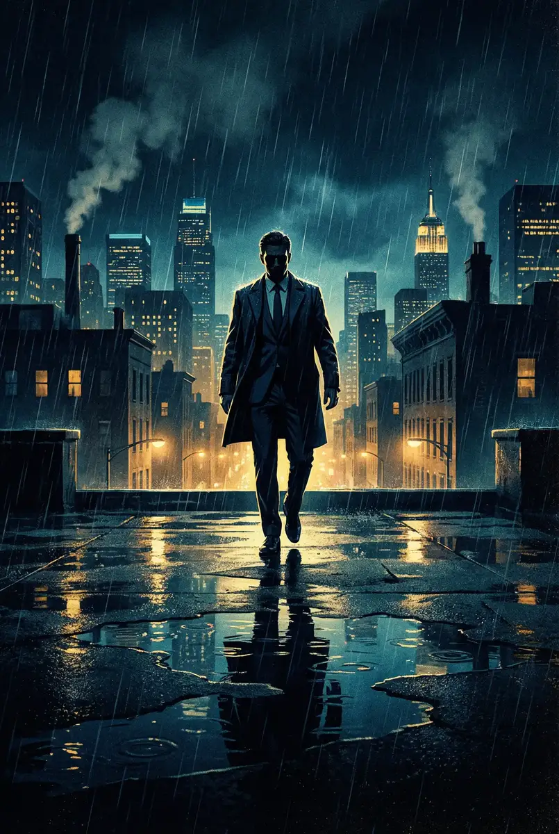 丝瓜视频在线 出品影片《雨夜独行者》海报，雨中城市屋顶男性剪影